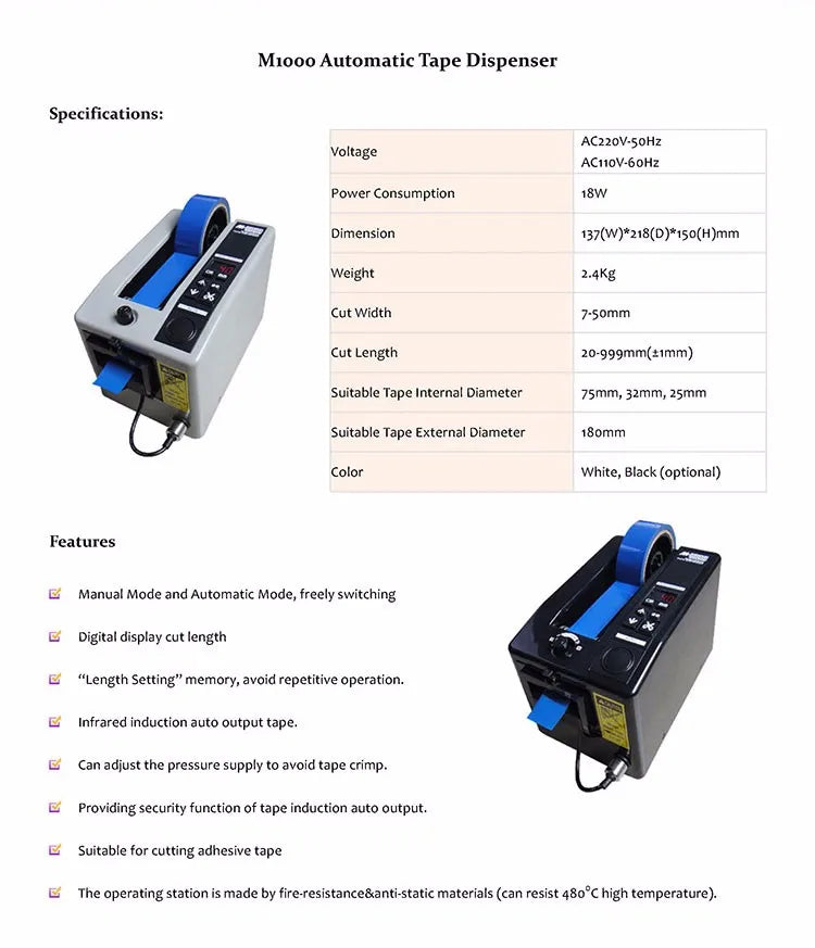 M-1000 Adjustable Automatic Tape Dispenser Good Quality Packaging Cutting Machine for 7-50mm Width Tapes