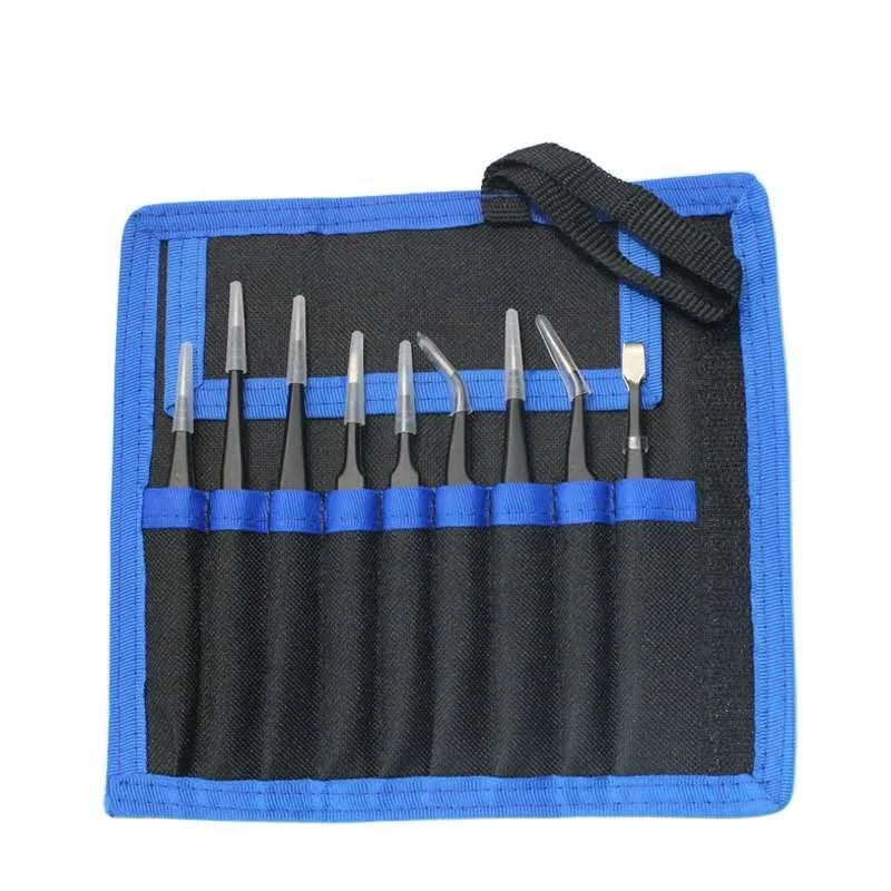 9pcs/lot Custom Black Antistatic Stainless Steel Precision ESD Tweezers Kit for Electronic Watch Mobile Phone Repair BGA Work