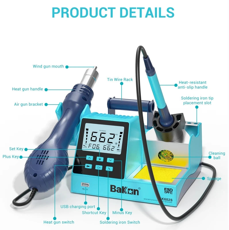 Bakon Hot Selling BK-602S Soldering and Rework Station 2 in 1 Welding Machine Hot Air Gun Professional Cell Phone Repair Tool