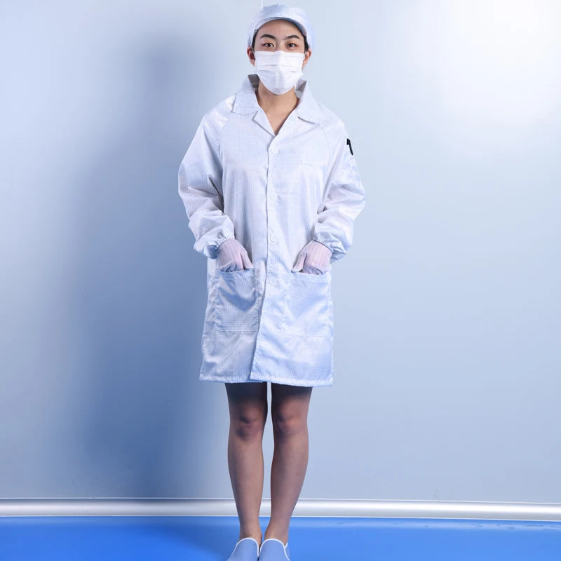 5mm Grid Dust Proof Polyester Fabric Reusable Esd Garment ESD Lab Coat Antistatic Cleanroom Smock