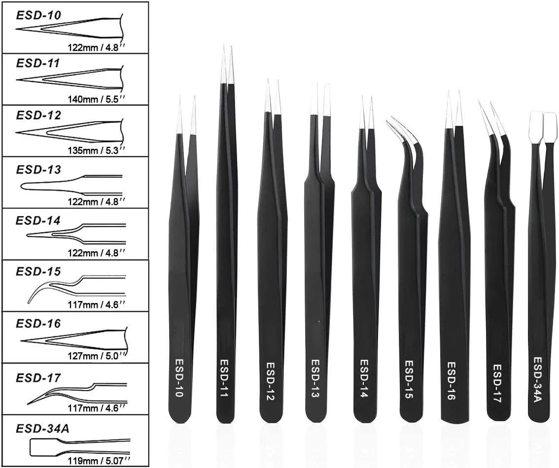 9PCS Black ESD Stainless Steel Tweezers Kit Precision Anti-static Maintenance Tools for Electronics Jewelry Phone Repairing