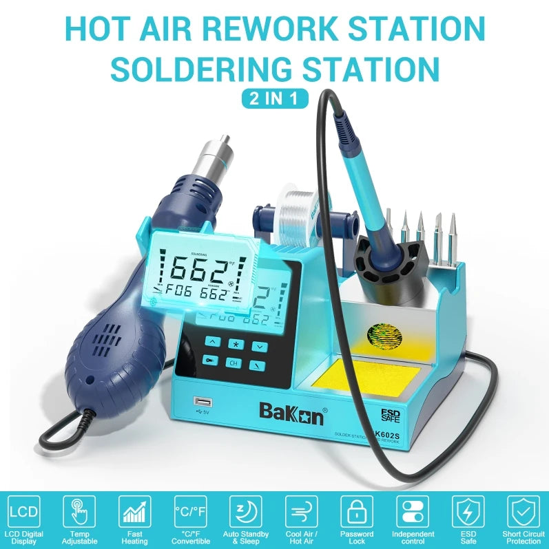 Bakon Hot Selling BK-602S Soldering and Rework Station 2 in 1 Welding Machine Hot Air Gun Professional Cell Phone Repair Tool