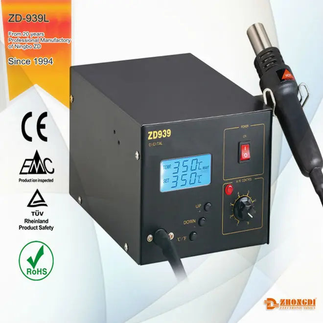 ZD-939L Black Blue Hot Air SMD Rework Station Hot Air Desoldering Gun Digital ESD Station for SMD Rework and Repair