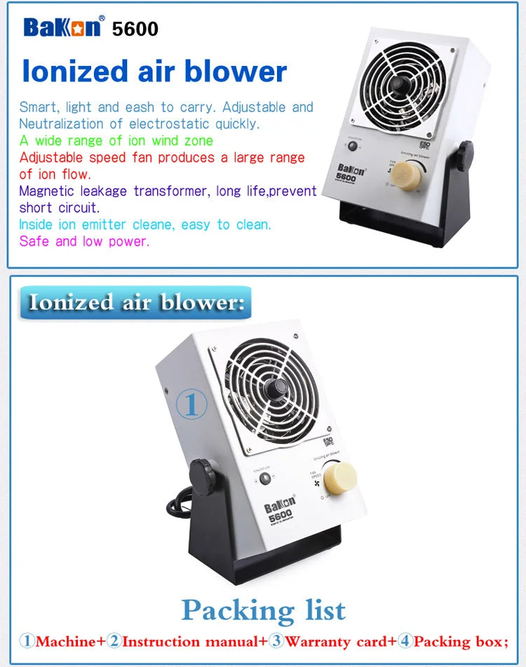 BAKON BK5600 AC Static Elimination Desktop Mini ESD Ionizing Air Blower