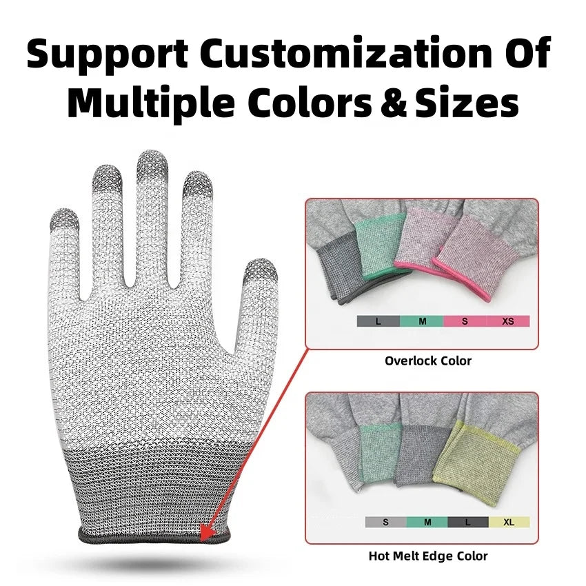 Custom ESD Safety Work Gloves Seamless Knit PVC Dotted Conductive Carbon Fiber Anti Static Stripe Gloves for Workshops