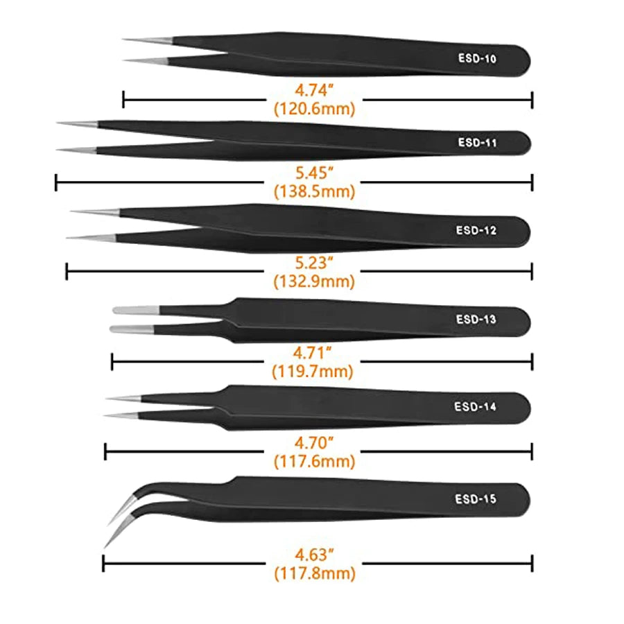 9PCS Black ESD Stainless Steel Tweezers Kit Precision Anti-static Maintenance Tools for Electronics Jewelry Phone Repairing