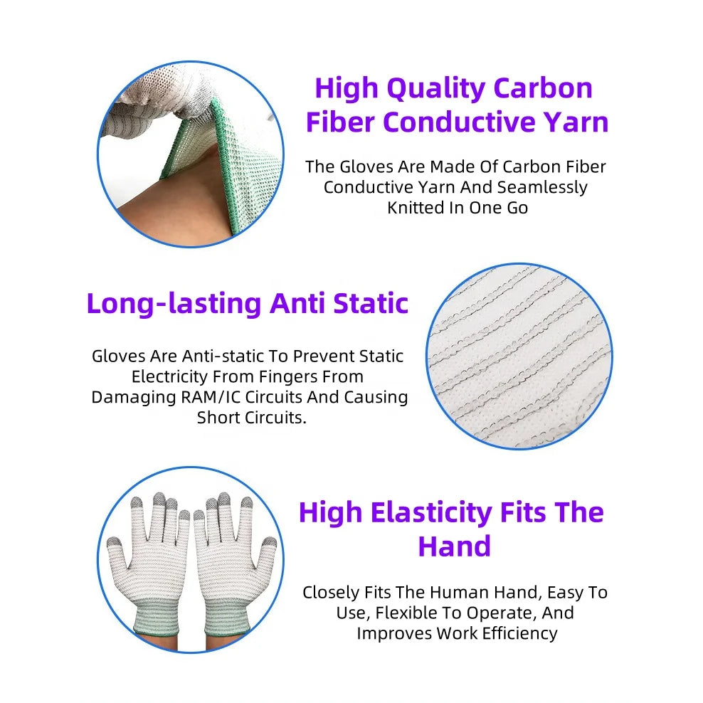 Custom ESD Safety Work Gloves Seamless Knit PVC Dotted Conductive Carbon Fiber Anti Static Stripe Gloves for Workshops