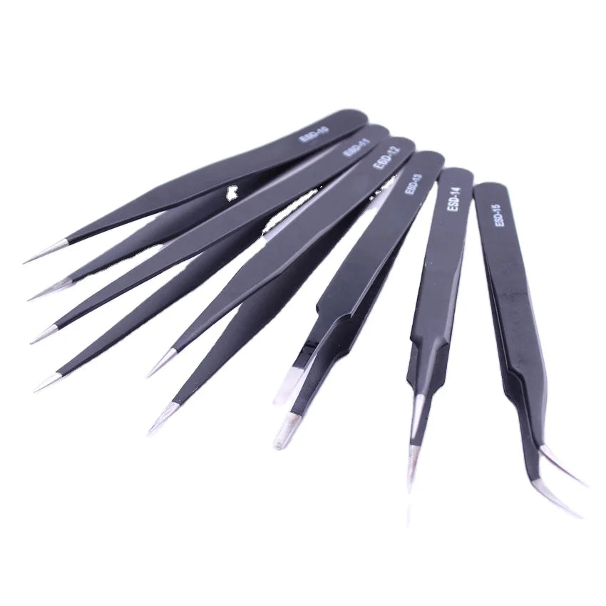 Industrial Grade Black ESD Stainless Steel Antistatic Tweezers for Electronics PCB and Mobile Phone Maintenance