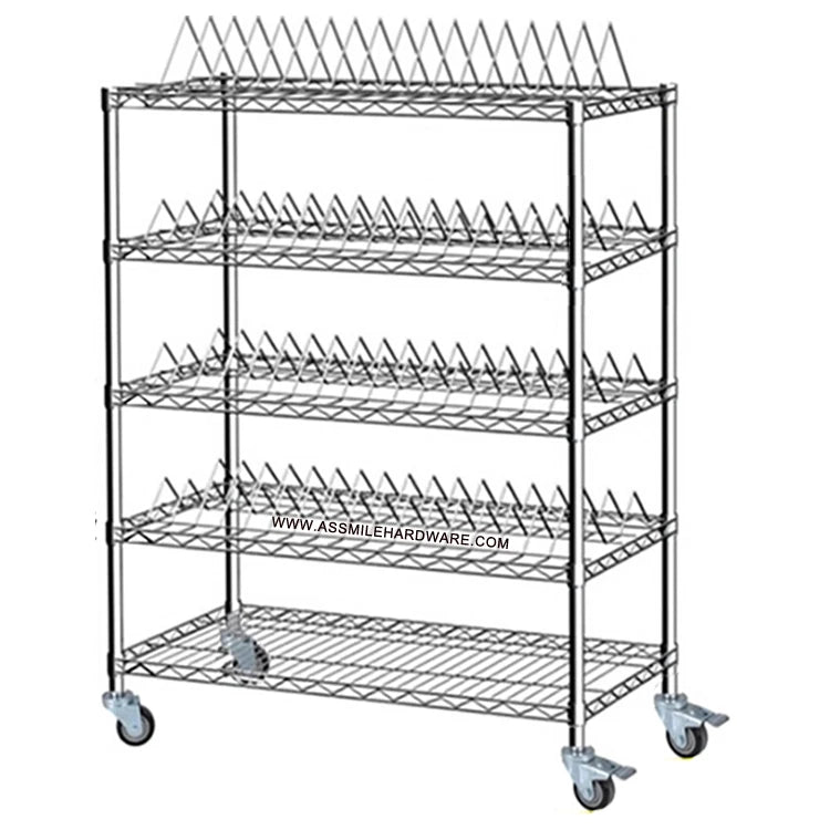 ASSMILE 5 Layers ESD SMT Reel Rack Holder Rolling Storage Cart Chrome Steel Wire Shelf With Wheels Workshop Transfer Trolley