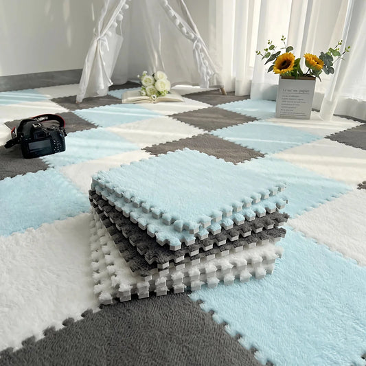 16 Pcs Shaggy Interlocking Foam Carpet Tiles Kids Carpet Squares Protective Floor Mats Crawling Exercise Area Rugs
