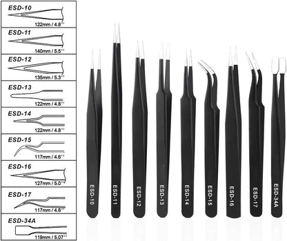 9PCS Black ESD Stainless Steel Tweezers Kit Precision Anti-static Maintenance Tools for Electronics Jewelry Phone Repairing