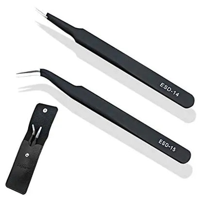 9PCS Black ESD Stainless Steel Tweezers Kit Precision Anti-static Maintenance Tools for Electronics Jewelry Phone Repairing