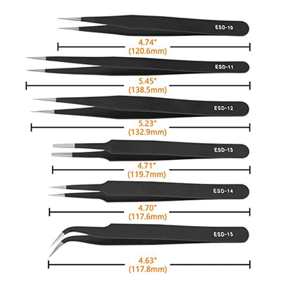 9PCS Black ESD Stainless Steel Tweezers Kit Precision Anti-static Maintenance Tools for Electronics Jewelry Phone Repairing
